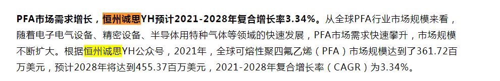 8月14日恒州诚思（YH）发布的PFA行业和可熔性聚四氟乙烯（PFA）市场报告被新浪财经引用